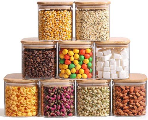 ComSaf Glass Food Storage Jars Set of 9 - Clear Containers with Lids for Pantry Organization | Ideal for Spices, Tea, Coffee, and Sugar