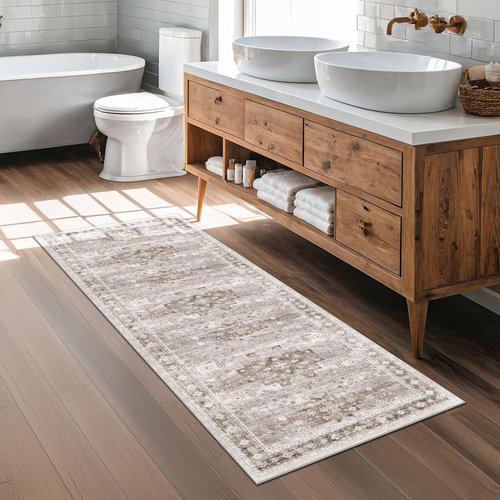 Hazo Haus Boho Runner Rug - 2x7 Long Neutral Farmhouse Design | Vintage Floral, Non-Slip, Washable, Latte Beige