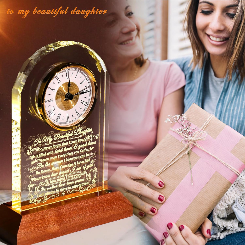 Ornalrist Glass Clock for Daughter - Heartfelt Gift from Mom & Dad with Wooden Base | Warm Light Design