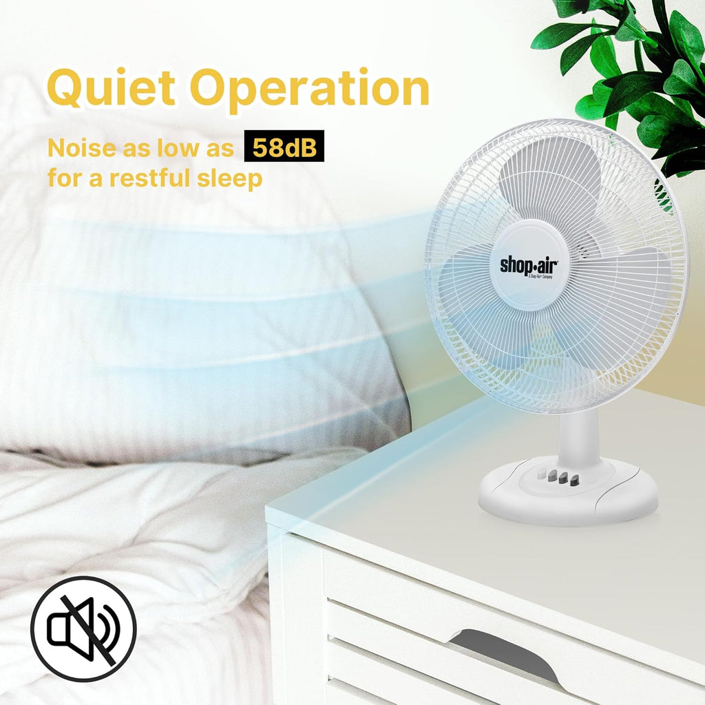 Shop-Air 12" Oscillating Table Fan - High-Velocity, Quiet Air Circulation | 3 Speeds, 70° Adjustable Head, White