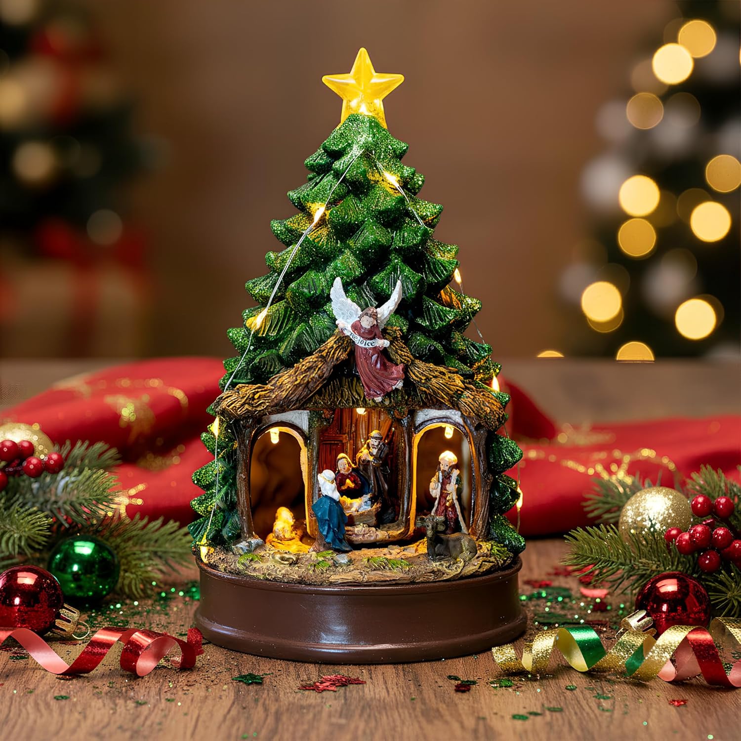 Regine Switzerland Christmas Tree Nativity Scene - Animated & Musical LED Lights | Festive Home Decor