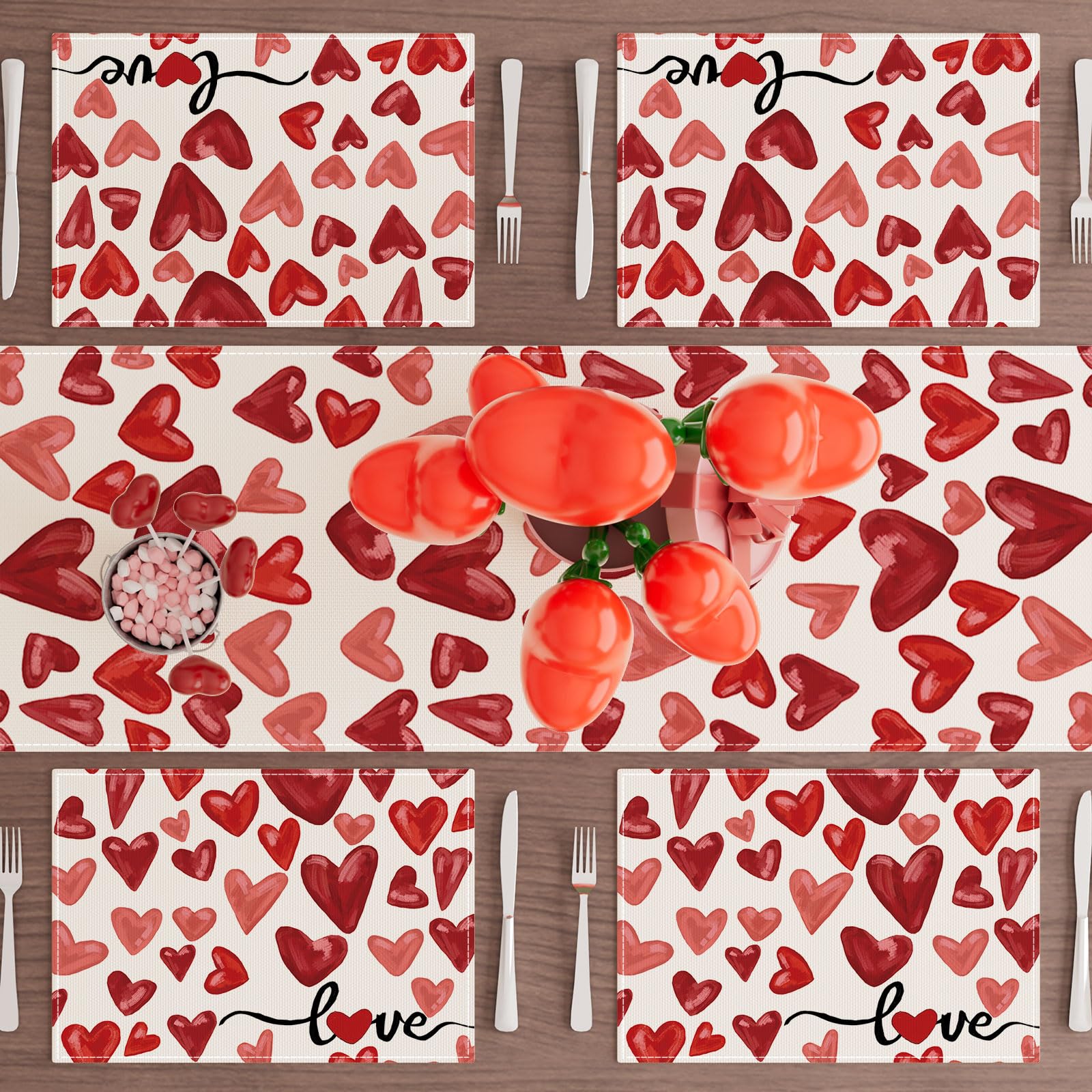 XCHI Watercolor Red Love Hearts Valentine’s Day Placemats Set of 6 Table Mats for Party Home Kitchen Dining Table Decorations 12x18 Inch