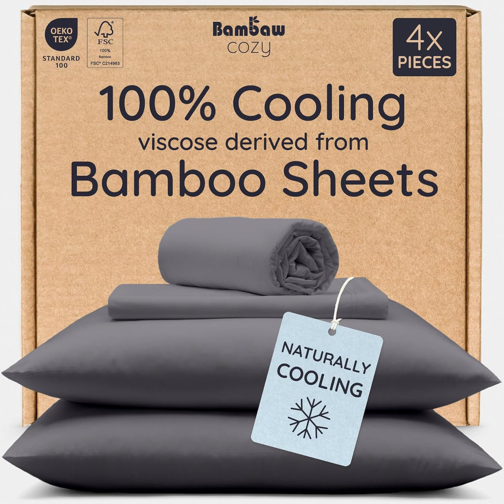 Bambaw Bamboo Sheets Queen Size Set - 4-Piece Cooling Luxury Bed Sheets, Super Soft & Deep Pocket (Charcoal)