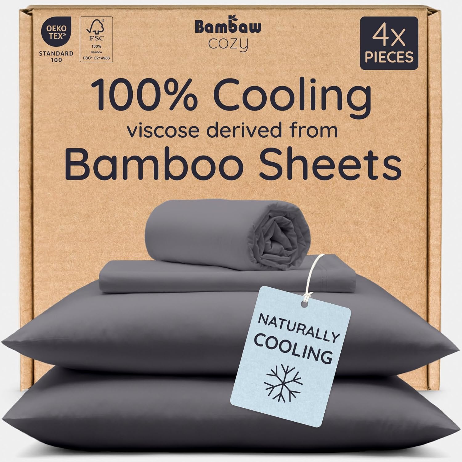 Bambaw Bamboo Sheets Queen Size Set - 4-Piece Cooling Luxury Bed Sheets, Super Soft & Deep Pocket (Charcoal)