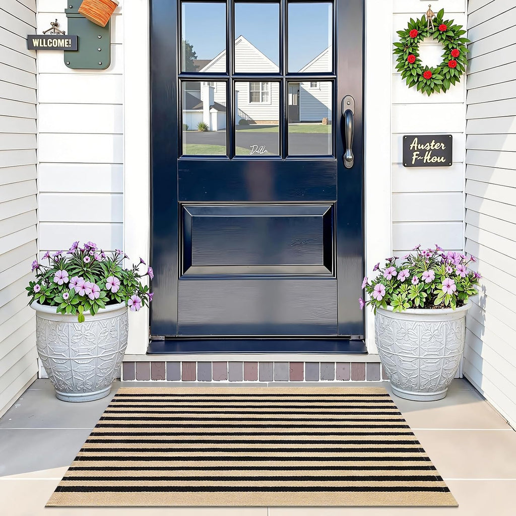 OLANLY Striped Rug - Washable Brown and Black Cotton Doormat | 2' x 3' for Indoor/Outdoor Use