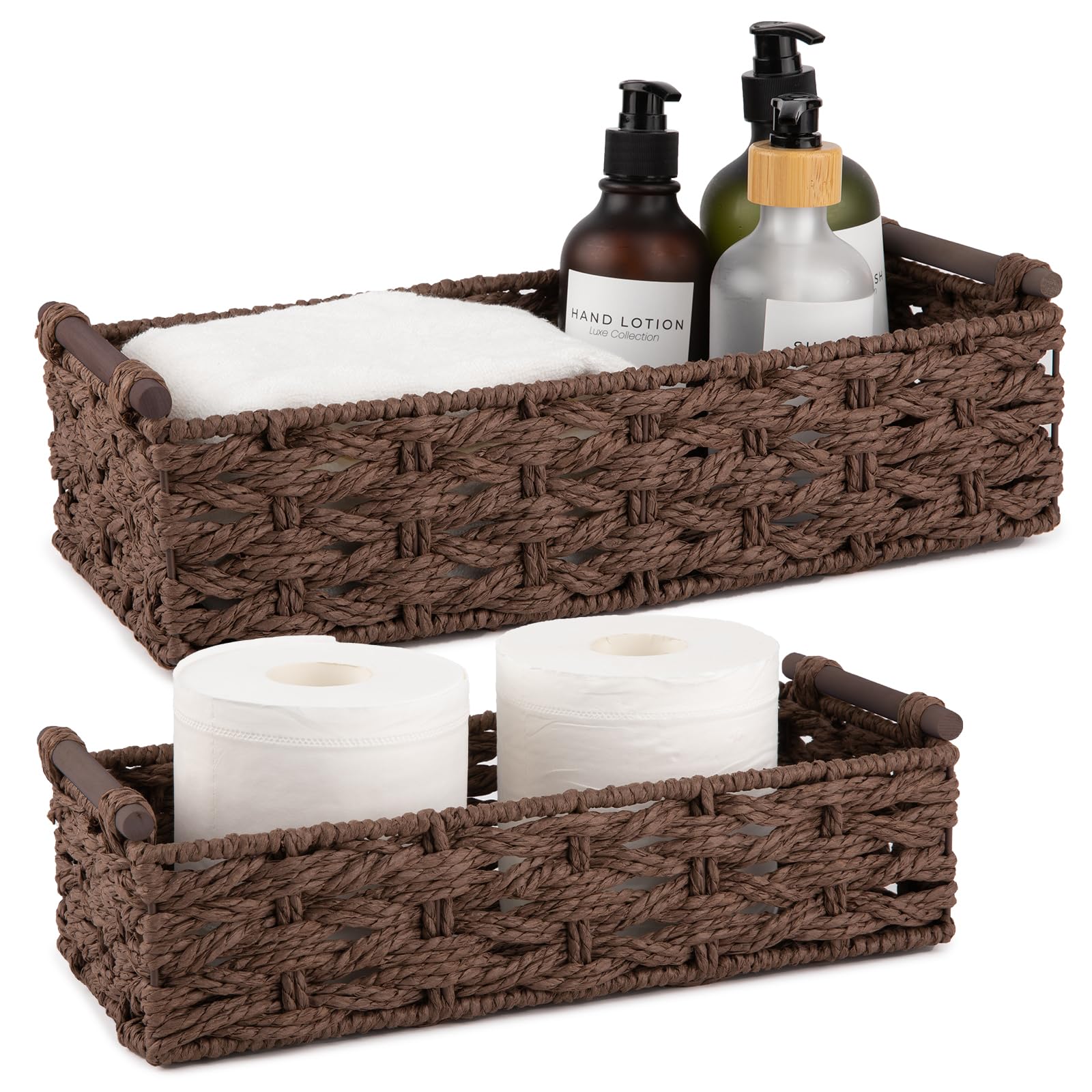 OIAHOMY Toilet Paper Baskets Handmade Paper Rope Decorative Wicker Storage Tank Shelf Cabinet Organizer for Bathroom Home, Set of 2, Green