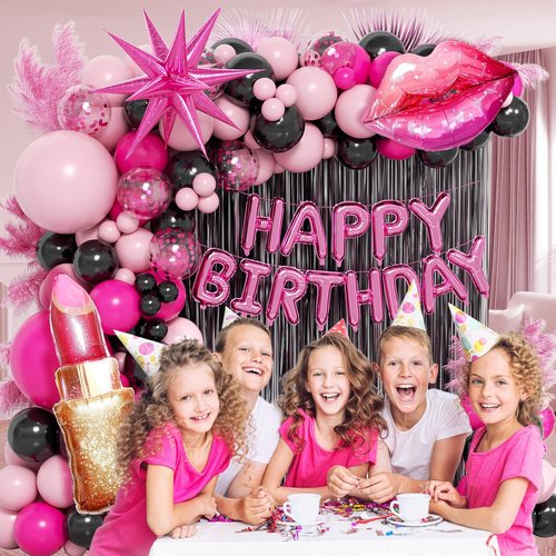 Hot Pink and Black Birthday Decorations with Black Hot Pink Confetti Balloons Happy Birthday Foil Balloons Fringe Curtains for Party Decorations