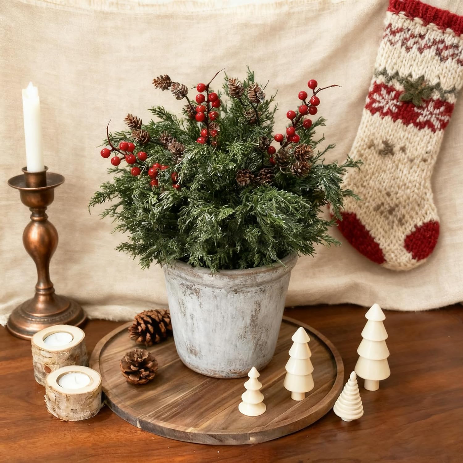 Norfolk Pine Faux Cedar Stems - Realistic Artificial Greenery for Christmas Decor | 1 Set with Berries & Pinecones