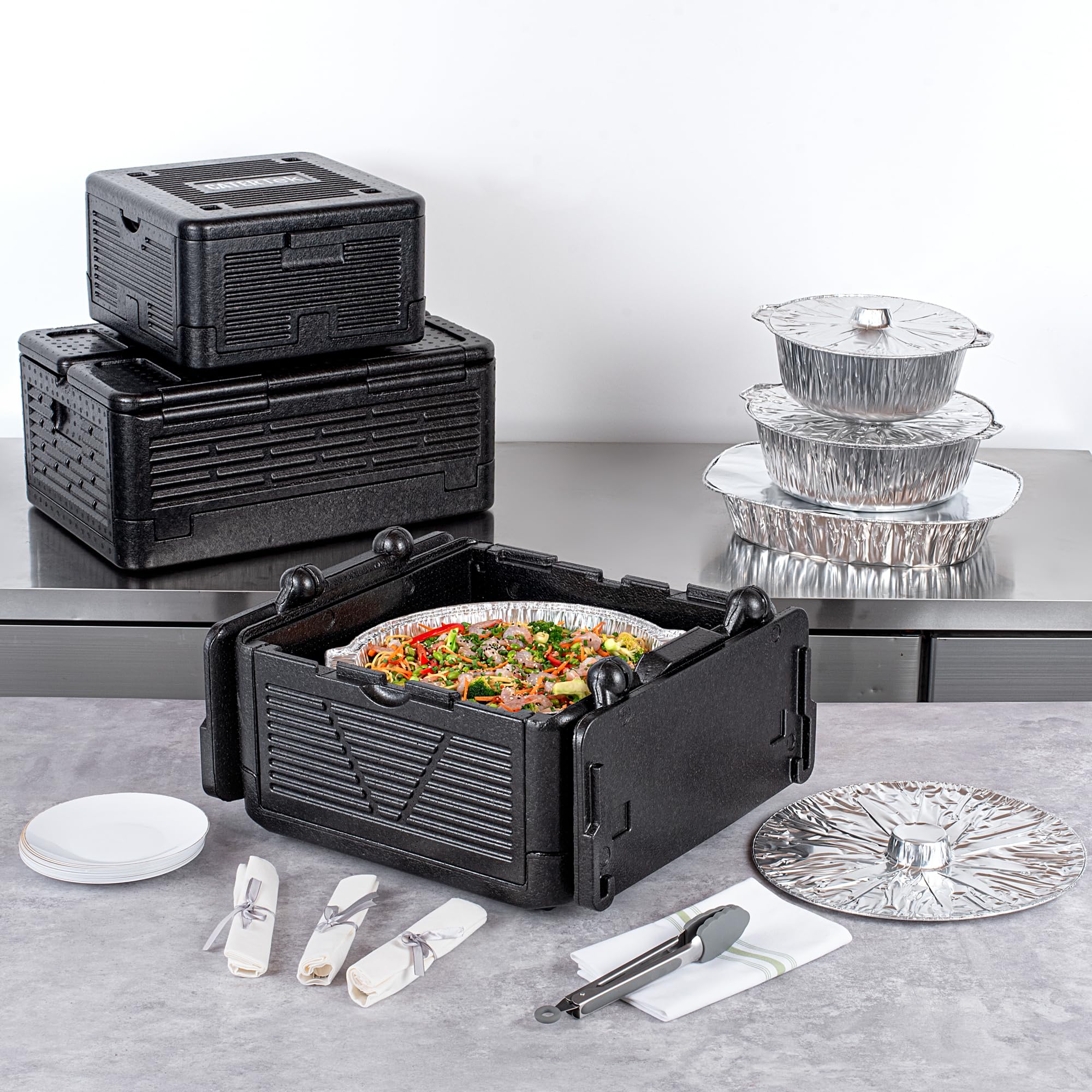 Restaurantware-Cater Tek 25 Quart Catering Hot Box, 1 Top Load Insulated Food Pan Carrier - Holds 1 Full Size 8” Deep Pan, Collapsible, Black EPP Plastic Food Box With Handles, Portable, For Buffet