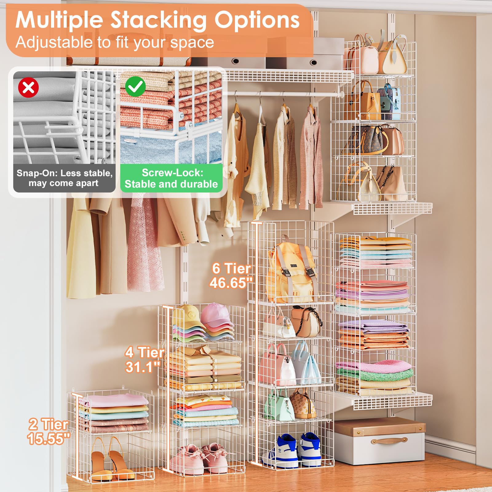 Yuyetuyo 6 Tier Raised-Height Hanging Closet Organizer, Stackable Sweater Organizer for Closet, Wire Storage Basket Bins for Clothes Purse Shoes, Hanging Shelves with 4 Hooks & 3 Dividers Adjustable