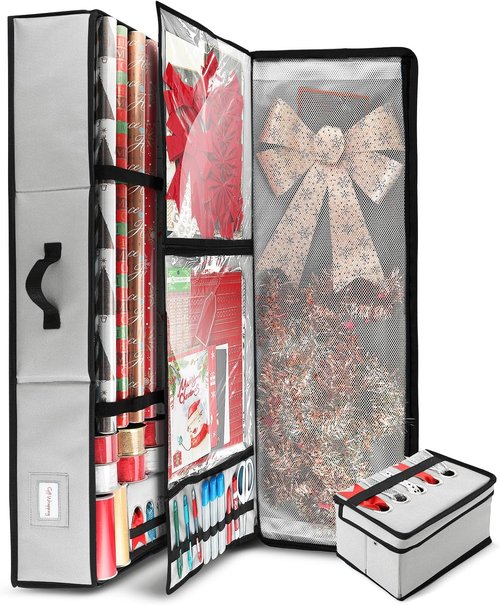 Hearth & Harbor Wrapping Paper Storage Container - Christmas Gift Wrap Organizer with Ribbon Dispenser | Holds 26 Rolls Up to 40" Long, Silver