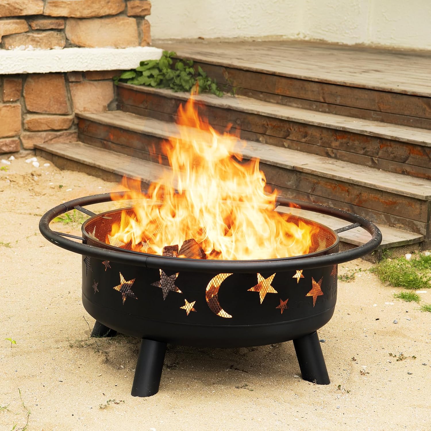 Skiennix 32-Inch Round Fire Pit - Metal Wood Burning Design with Mesh Cover & Poker | Perfect for Outdoor Gatherings