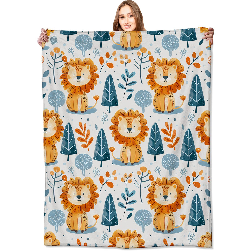 VODRM Cute Lion and Forest Blanket,Fun Cartoon Jungle Theme Throw Blankets,Birthday Gifts for Kids & Animal Lovers,Lightweight Soft Fleece,for Picnic Sofa Couch Bed Room Travel,Modern Decor,50x60in