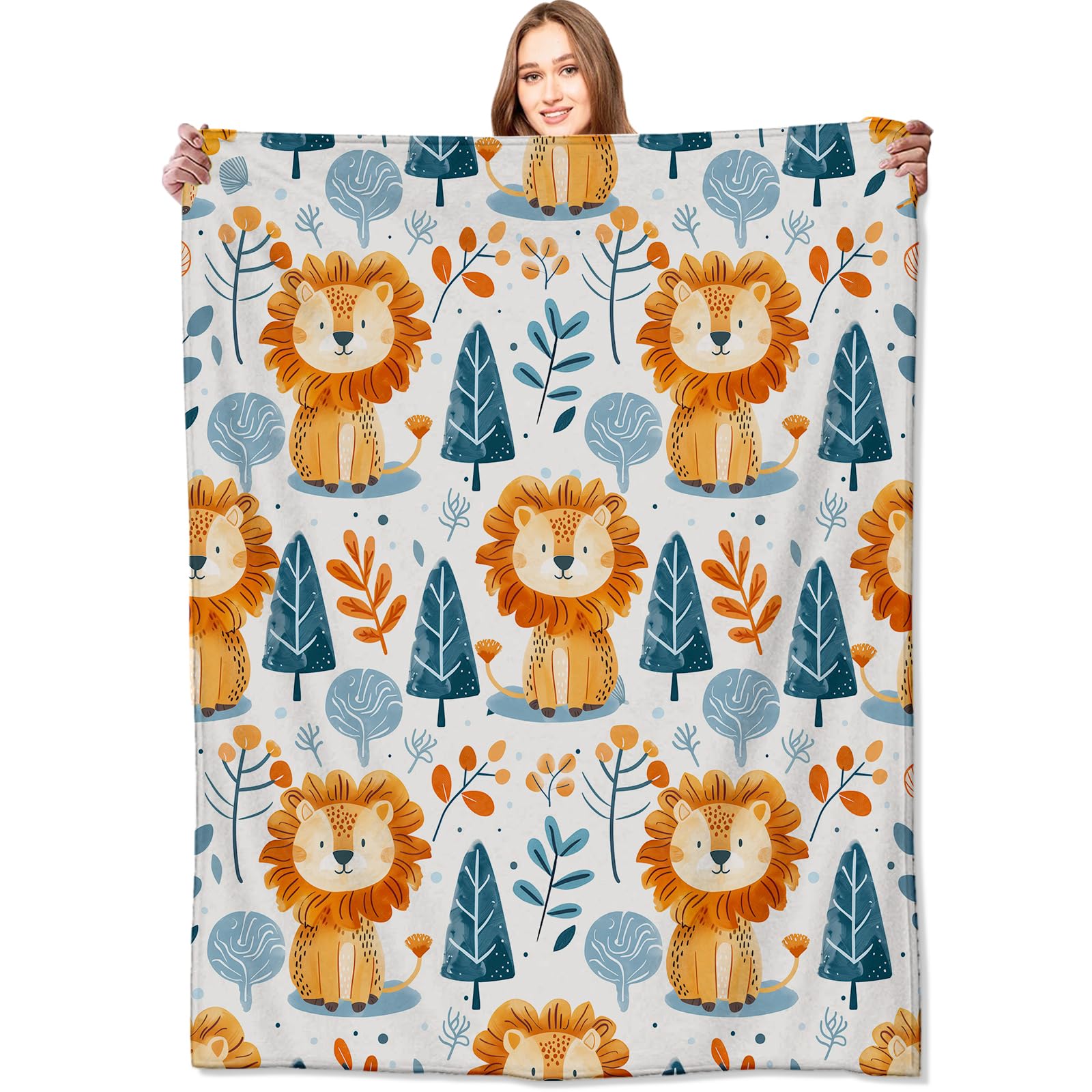 VODRM Cute Lion and Forest Blanket,Fun Cartoon Jungle Theme Throw Blankets,Birthday Gifts for Kids & Animal Lovers,Lightweight Soft Fleece,for Picnic Sofa Couch Bed Room Travel,Modern Decor,50x60in