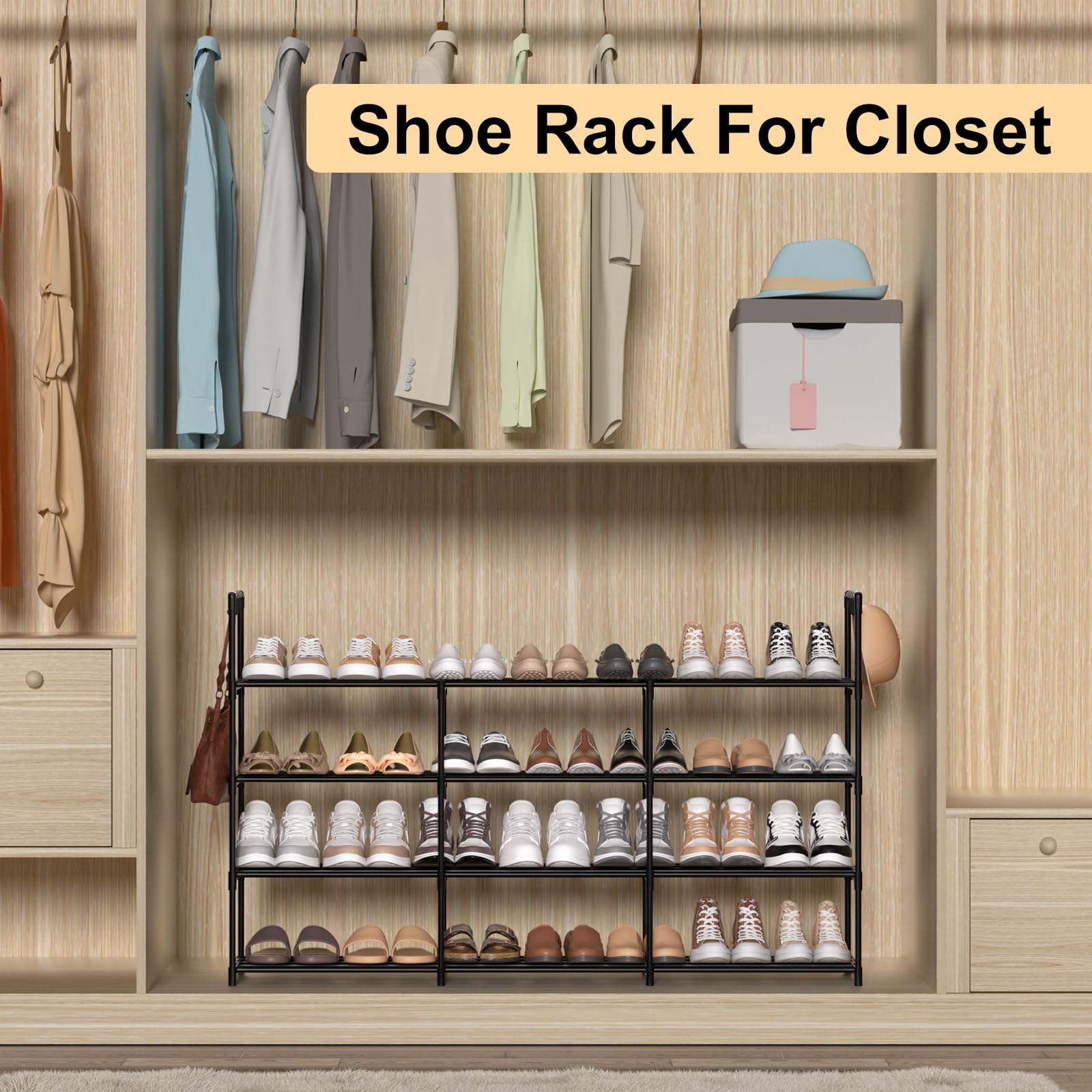 DYJIEKAI 3 Row 4 Tier Long Shoe Rack, Black Metal Stackable Shoe Shelf with Multifunctional Hooks, Shoe Storage Hold 24-30 Pairs, Space Saving Shoe Organizer for Closet,Wide Shoe Rack