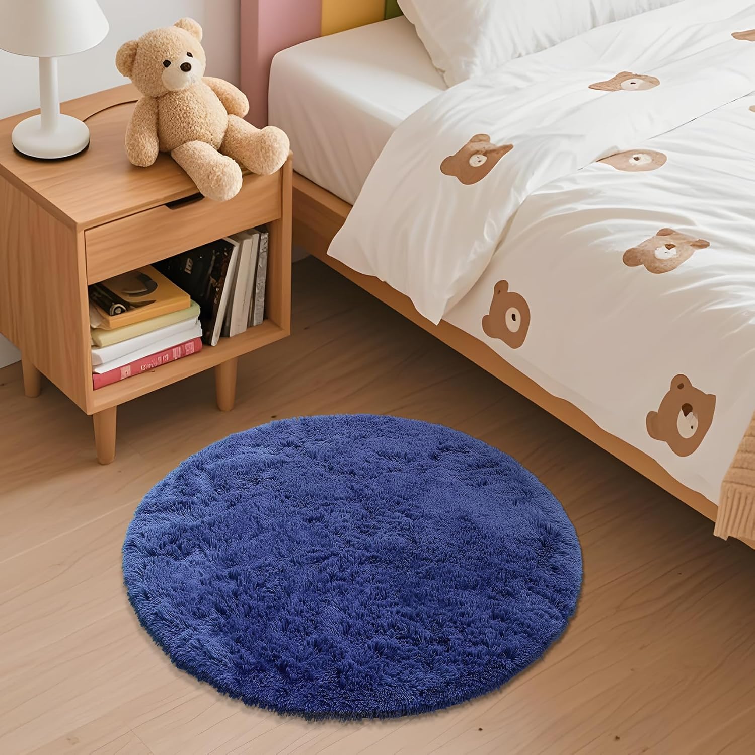 OLANLY Navy Blue Round Rug - Soft, Fluffy Shaggy Carpet | Machine Washable, 2 ft Circle for Bedroom & Living Room