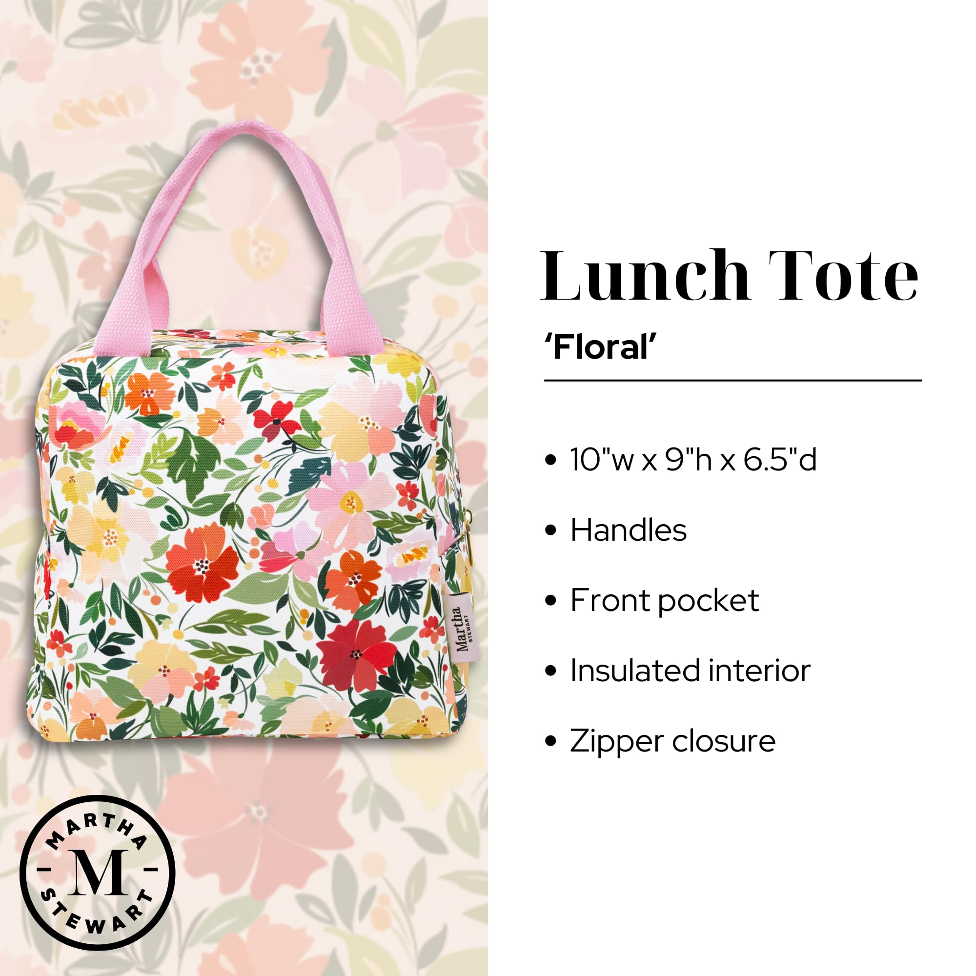 Martha Stewart Insulated Lunch Box for Women, Spacious Lunch Tote, 11" x 6.5" x 13.5", Comfortable Carrying Straps & Storage Pocket, Deep Ultramarine Stripe