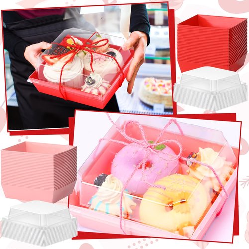 Layhit 150 Pack Valentine Charcuterie Boxes with Clear Lids and Rope 5" Disposable Square Dessert Pink Red Food Box Cookie Boxes Containers for Valentine Party Favor Cake Sandwich