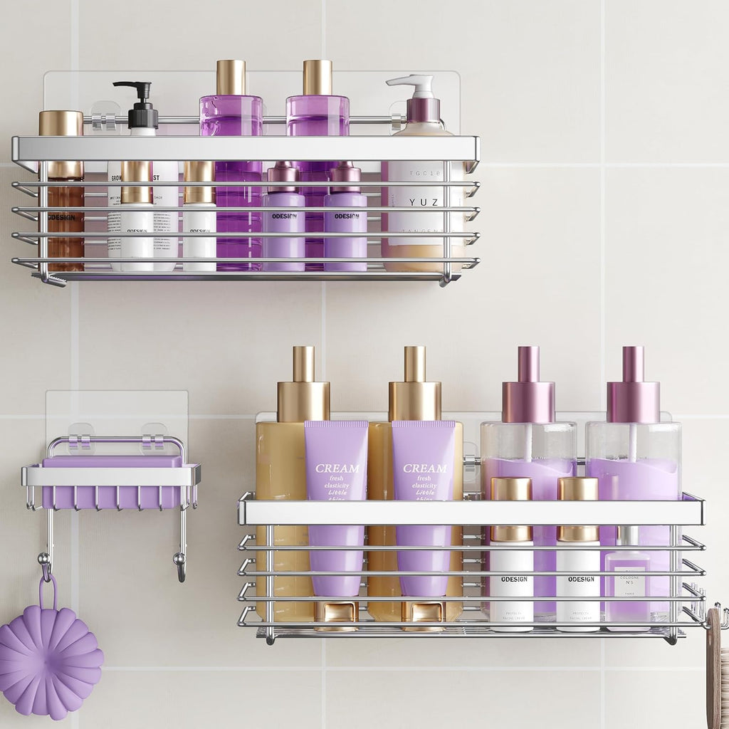 ODesign Shower Caddy - 3 Pack SUS304 Stainless Steel | No Drilling, Rustproof Wall-Mounted Organizer - Silver