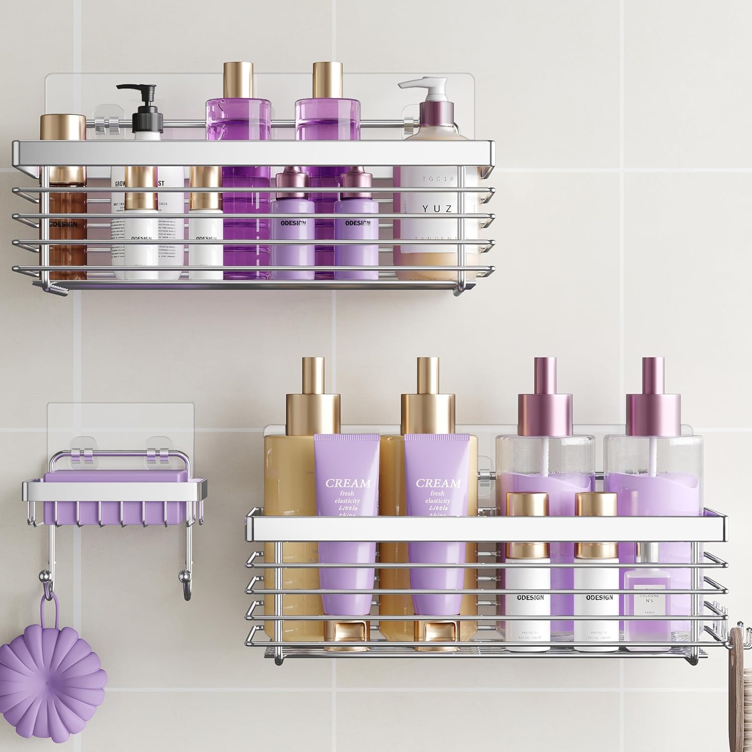 ODesign Shower Caddy - 3 Pack SUS304 Stainless Steel | No Drilling, Rustproof Wall-Mounted Organizer - Silver