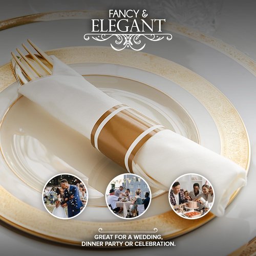 100 Pack Pre Rolled Gold Plastic Cutlery Set, Individually Wrapped Plastic Silverware Set with 100 Forks, 100 Knives, 100 Spoons, 100 Napkins, Disposable Utensils for Party and Wedding