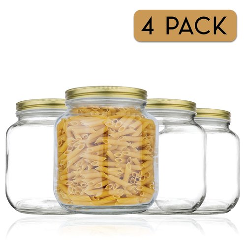 kitchentoolz Half Gallon Mason Jar Wide Mouth with Airtight Metal Lid - Safe for Fermenting Kombucha Kefir - Curing Pickling, Storing and Canning - BPA-Free Dishwasher Safe (Gold Lid, 4)