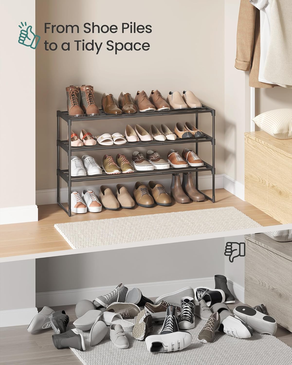 SONGMICS Shoe Rack - 3-Tier Metal Organizer for 16-20 Pairs | Stackable & Versatile Design, Black 11.8 x 36.2 x 21.7 Inches