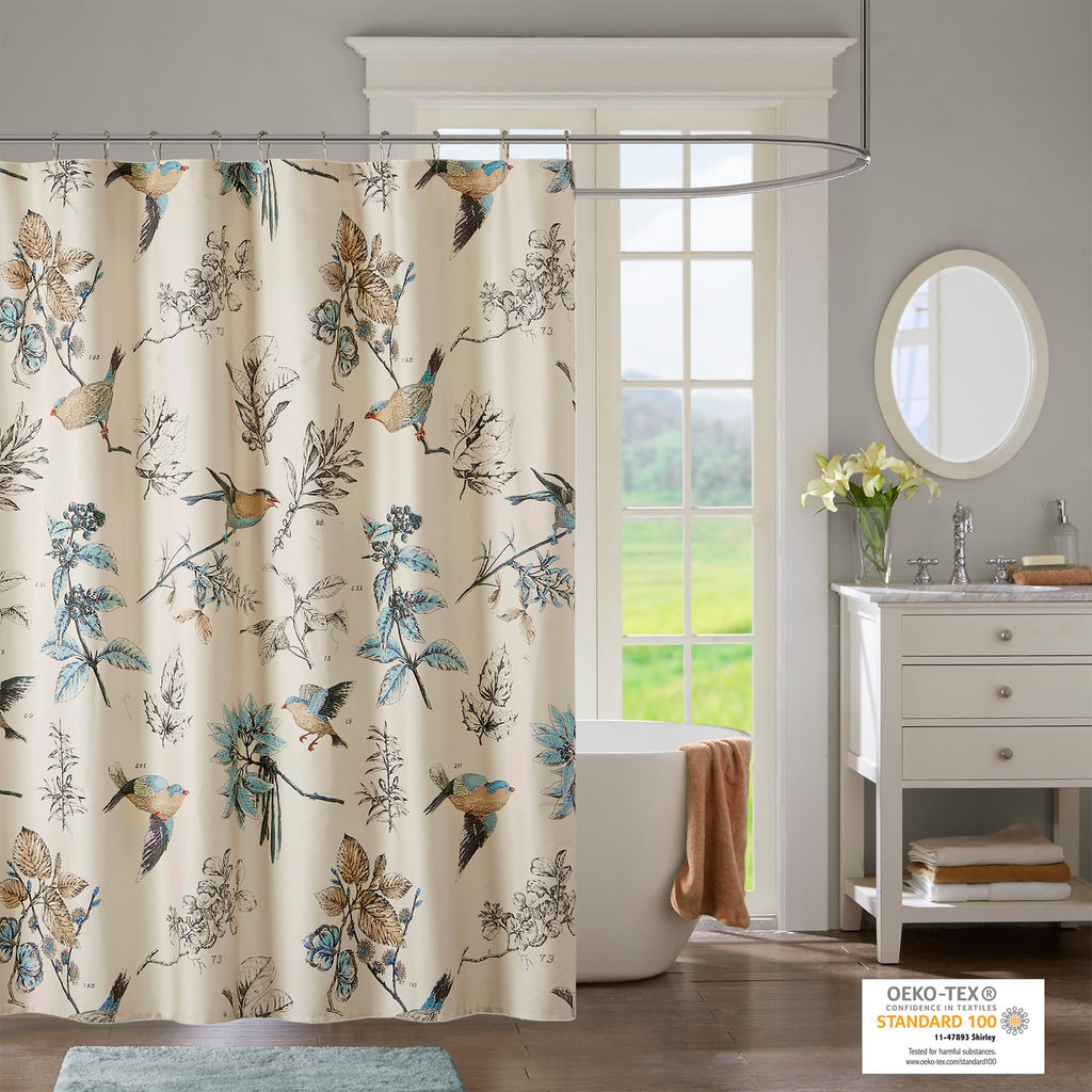 Madison Park Shower Curtain, Bird & Leaf Print, Farmhouse Shower Curtain for Bathroom, Modern Country Bathroom Décor, Machine Washable, Cotton Shower Curtain, Quincy, 72x72" Khaki