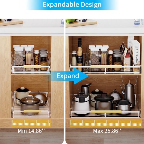 KIKIBRO Expandable Pull Out Drawer Cabinet Organizer, Adjustable Width Bottom-Mounted Slide Out Storage Shelves for Cabinets, Required Cabinet Size (14.86"~25.86", D≥22.5"), 1 Pack