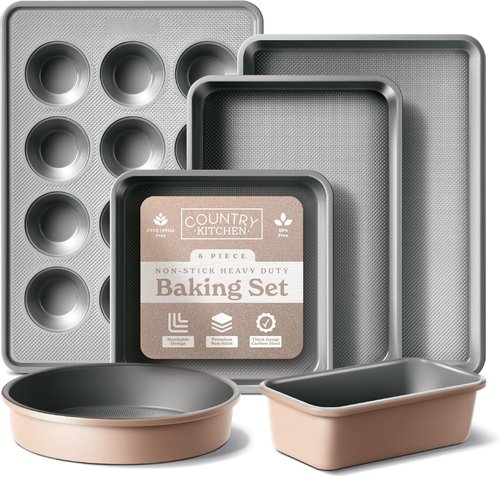 Country Kitchen Nonstick Bakeware Set - Durable & Easy Release, Taupe | 6-Piece Stackable Set