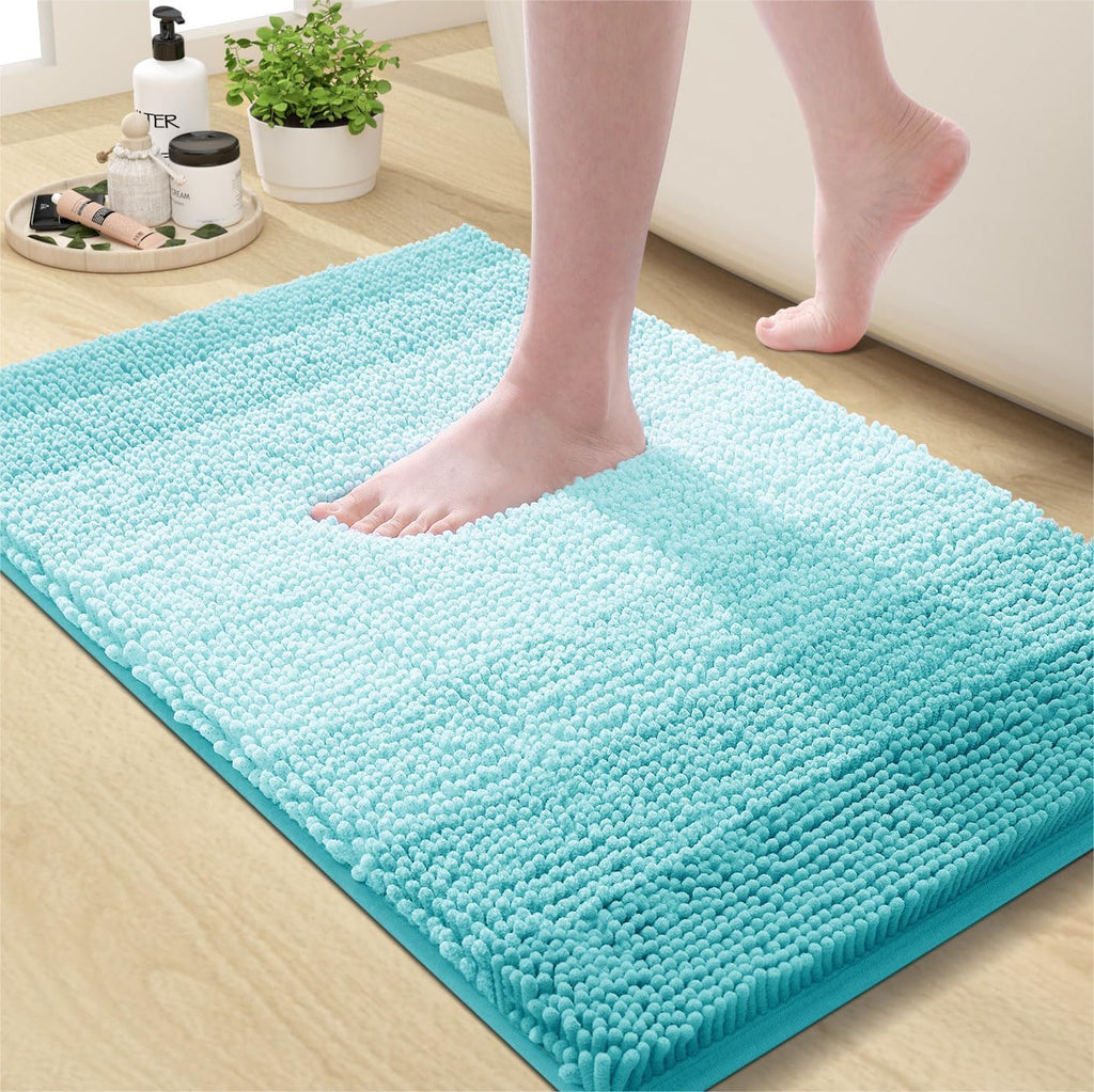 OLANLY Bathroom Rug - Extra Soft Chenille Shaggy Mat | Non-Slip, Machine Washable, 24" x 16", Turquoise