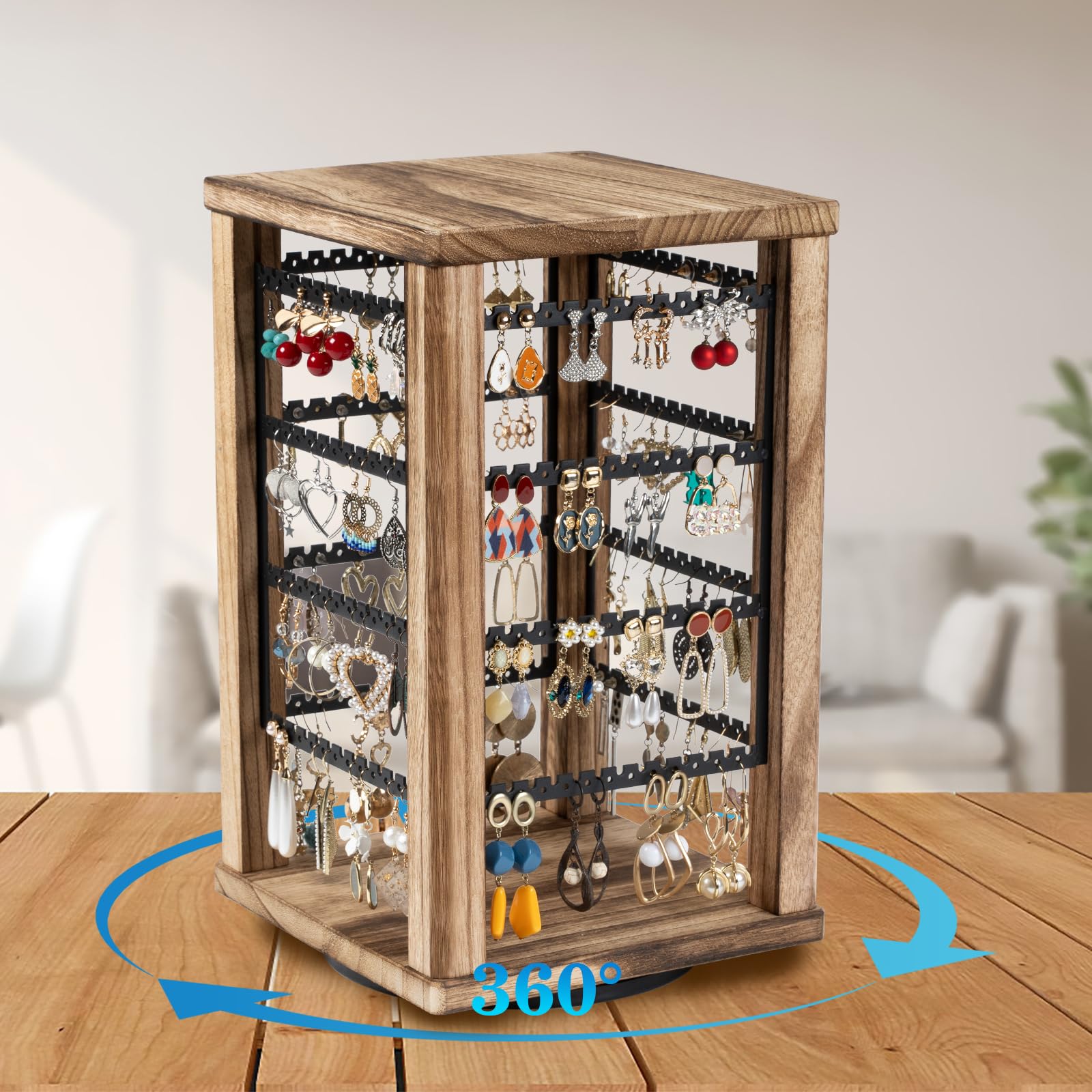 Emfogo 360 Earring Holder Organizer, Rustic Wood Earring Stand, Rotating Wooden Display, 4 Tiers Earring Organizer Stand for Stud Earrings, Hoop Earrings & Necklaces, Women Gifts
