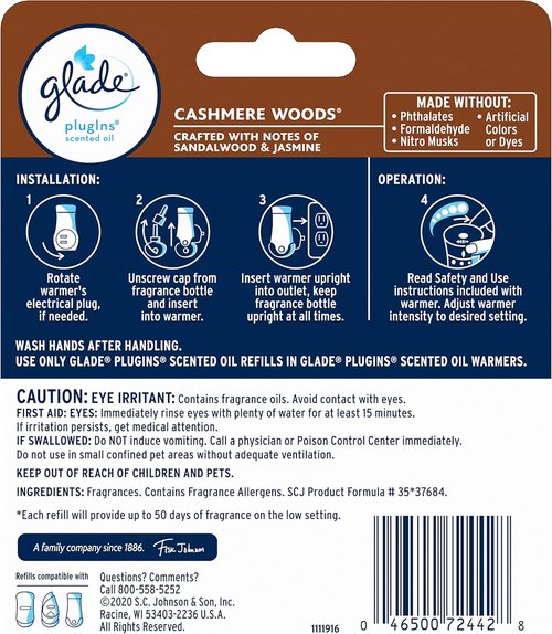 Glade PlugIns Refills Air Freshener - Cashmere Woods Scented Essential Oils | 1.34 Fl Oz, 2 Count