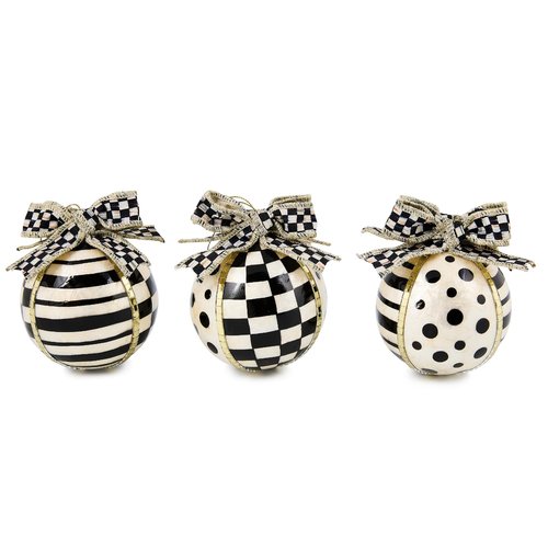 MACKENZIE-CHILDS Set of 3 Capiz Ball Ornaments, Christmas Tree Decorations Set, Black-and-White Courtly Noel