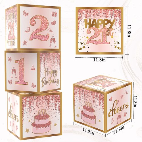 21st Birthday Decorations for Her,Happy 21st Birthday Decorations for Women Rose Gold 21 Boxes Decor for Girls Pink Rose Gold Foil Number Balloons Party Supplies Tassel Curtain