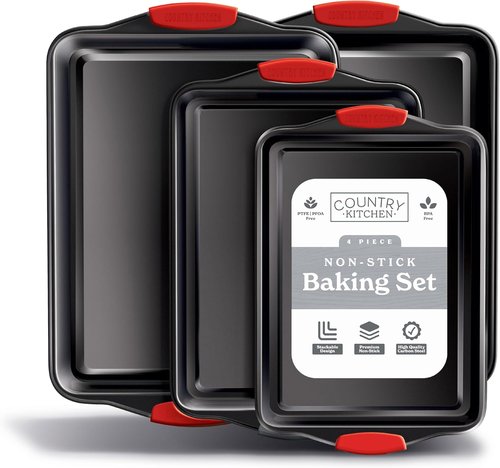 Country Kitchen Nonstick Bakeware Set - Heavy Duty & Easy Release, 4-Piece Red Stackable Set