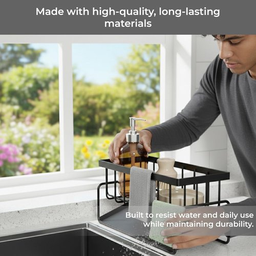 Black Stainless Steel Sponge Holder - Rotating Drain Spout & High Brush Holder | Kitchen Sink Organizer with 2 Bear Sponges