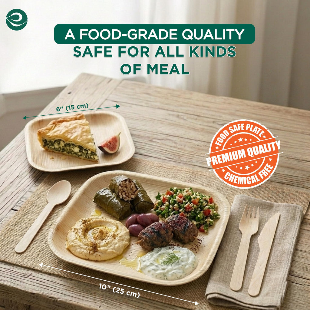 ECO SOUL Palm Leaf Like Bamboo Plates, 7 & 10 Inch Square, 100 Pack Bulk Disposable Dinnerware Combo, Compostable Biodegradable Natural Wooden Tableware, Party Pack for Catering, Wedding, Events