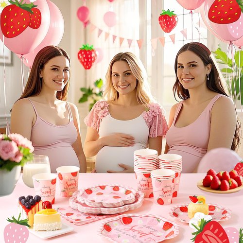Gudvilla Strawberry Baby Shower Decorations for Girl, Berry Sweet Baby Shower Plates and Cups and Napkins Sets Serves 24, Strawberry Plates, A Berry Sweet Baby Is On The Way Decorations, Girl