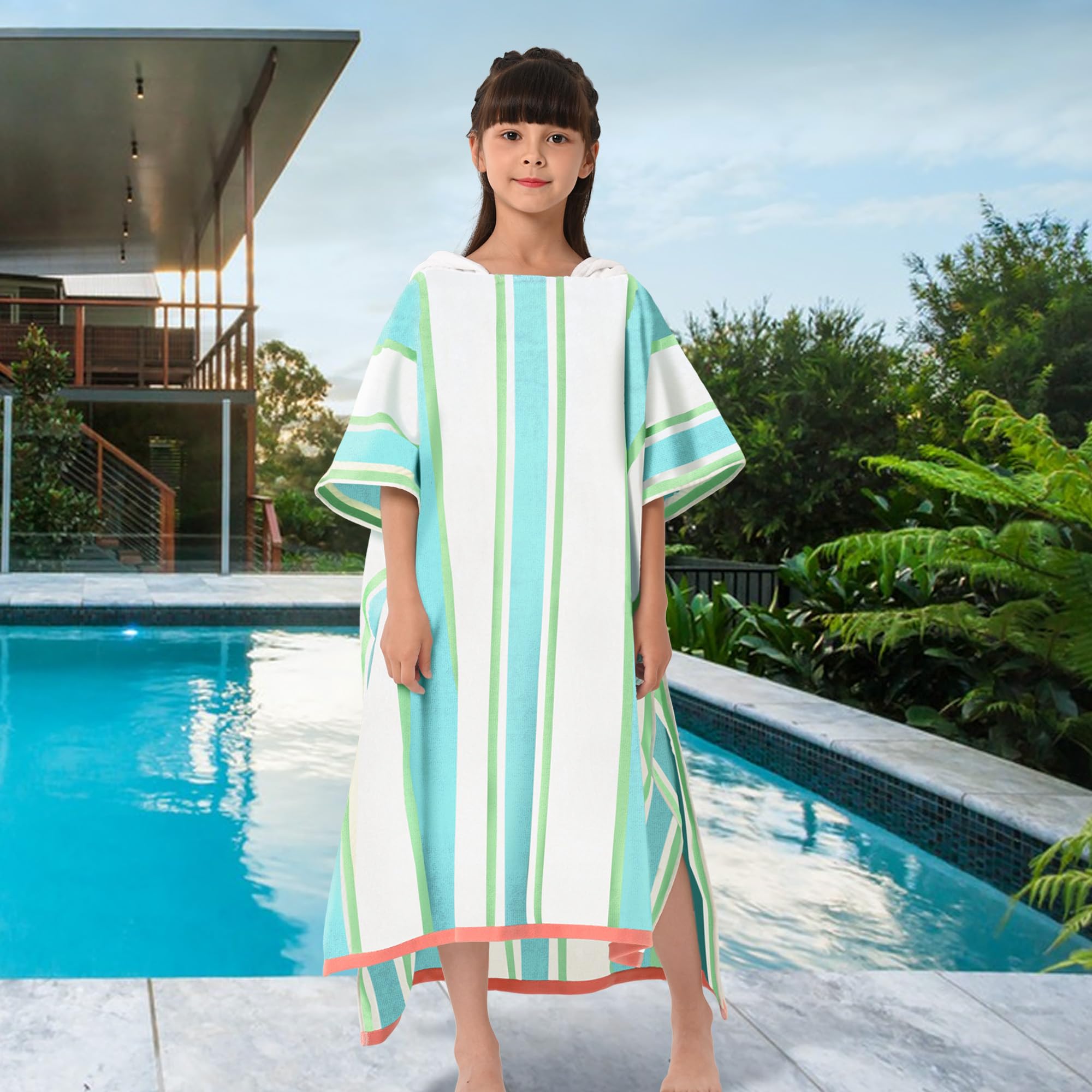 VOOVA & MOVAS Hooded Poncho Towels for Teens (8-16Years), 100% Cotton Thick Poncho Towel for Big Kids, Perfect for Pool, Beach, Bath, Green White Stripe