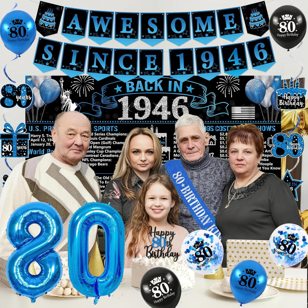 Trgowaul 80th Birthday Decorations - 20PCS Black & Blue Party Supplies Set | Banner, Sash, Cake Topper & Balloons