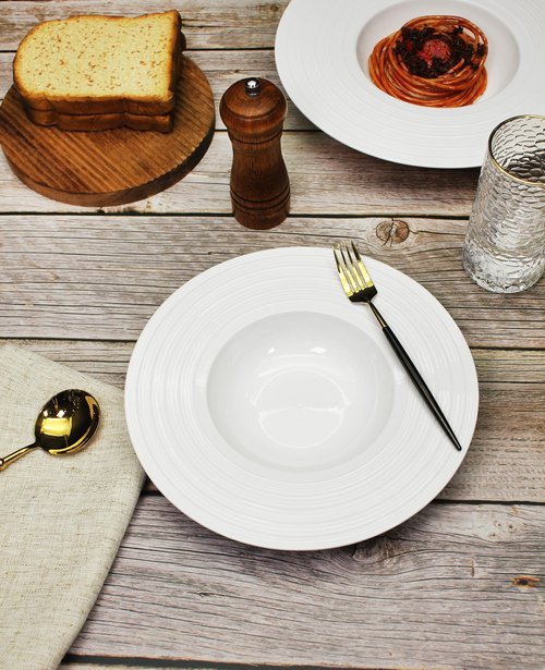 Creativity Home Ceramic Wide Rimmed Soup Plate, Soup Bowl 12 oz, Pasta Bowl Set of 4, White Shallow Bowl Plate with Rim, Best choice for high-end restaurants, hotels, and foodies,11.4 Inch Coil relief