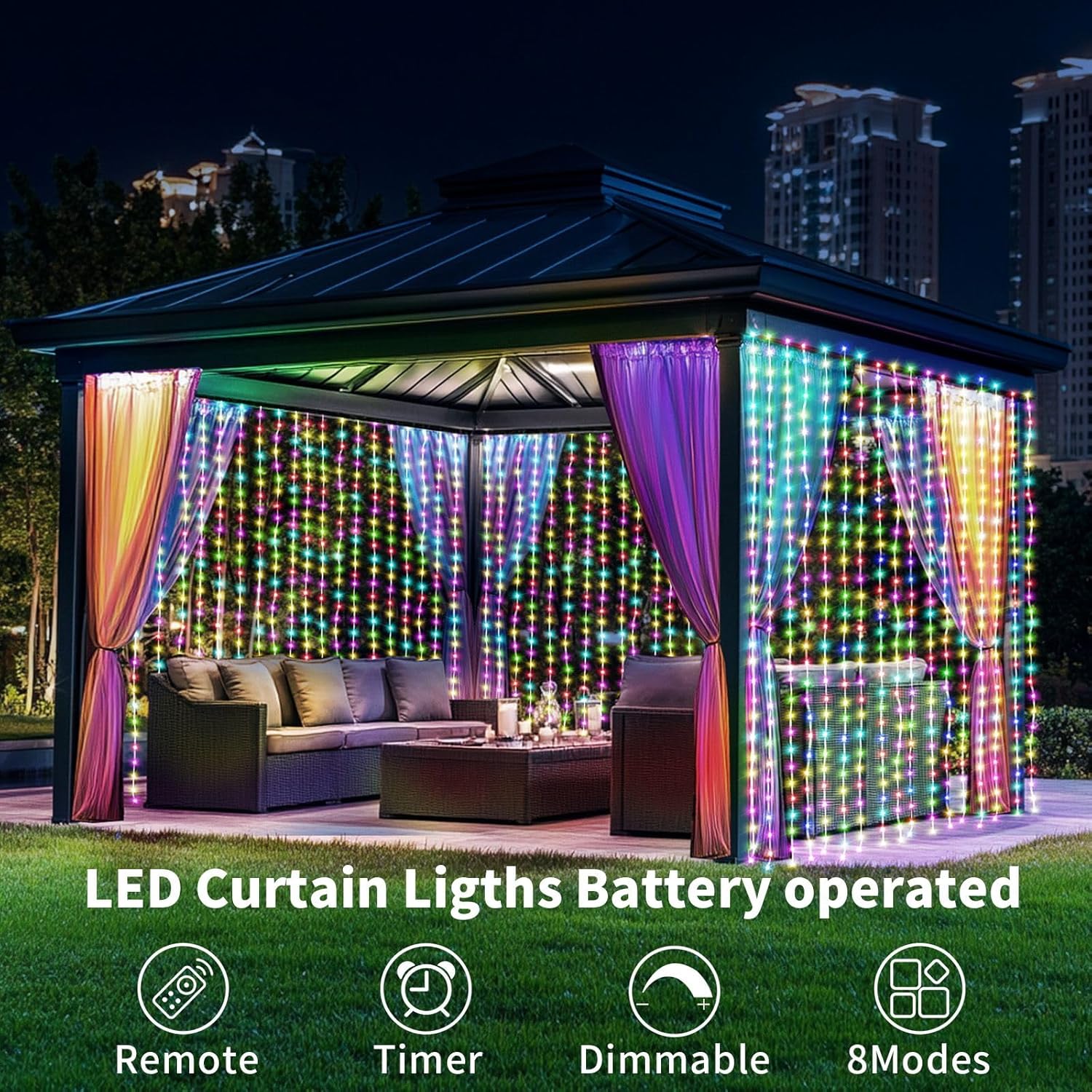 Skiennix Battery Operated Fairy Curtain Lights - 300 LED Multicolor 10ft x 10ft with Remote & Timer for Indoor/Outdoor Decor