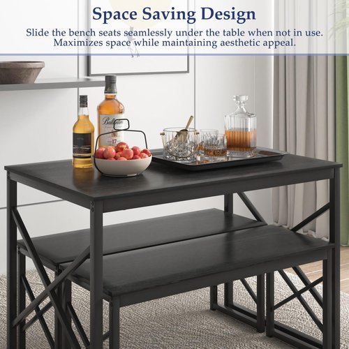 VECELO Kitchen Dining Table Benches Set for 4, 43.3" Wooden Dinette with 2 Benches, Heavy-Duty Dining Room Table for Small Space, Breakfast Nook, Black