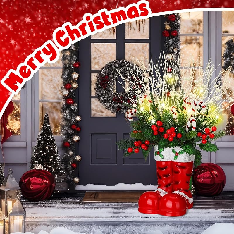 Christmas Santa Boot Vase with Tree & Candy Cane Lights - 25 Inch Decor