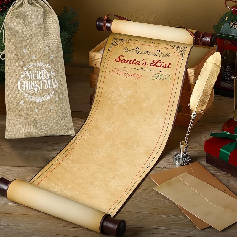 Christmas Naughty & Nice Scroll Set with Golden Feather Pen, Vintage Burlap Bag