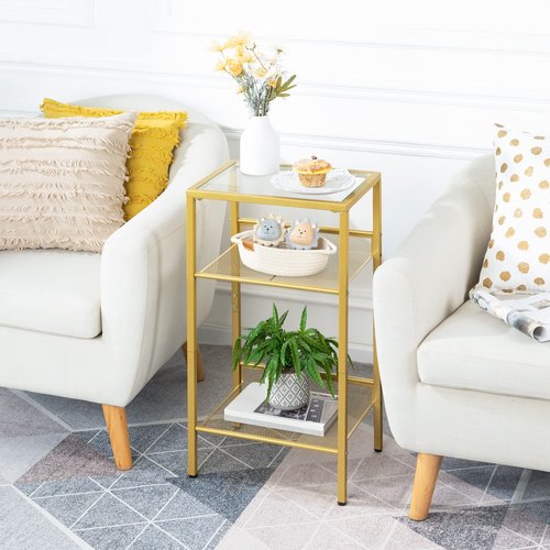 HOOBRO Gold Side Table, Tall Telephone End Table with Mesh Shelves, 3-Tier Nightstand with Tempered Glass Tabletop, for Living Room, Bedroom, Gold GD04DH01