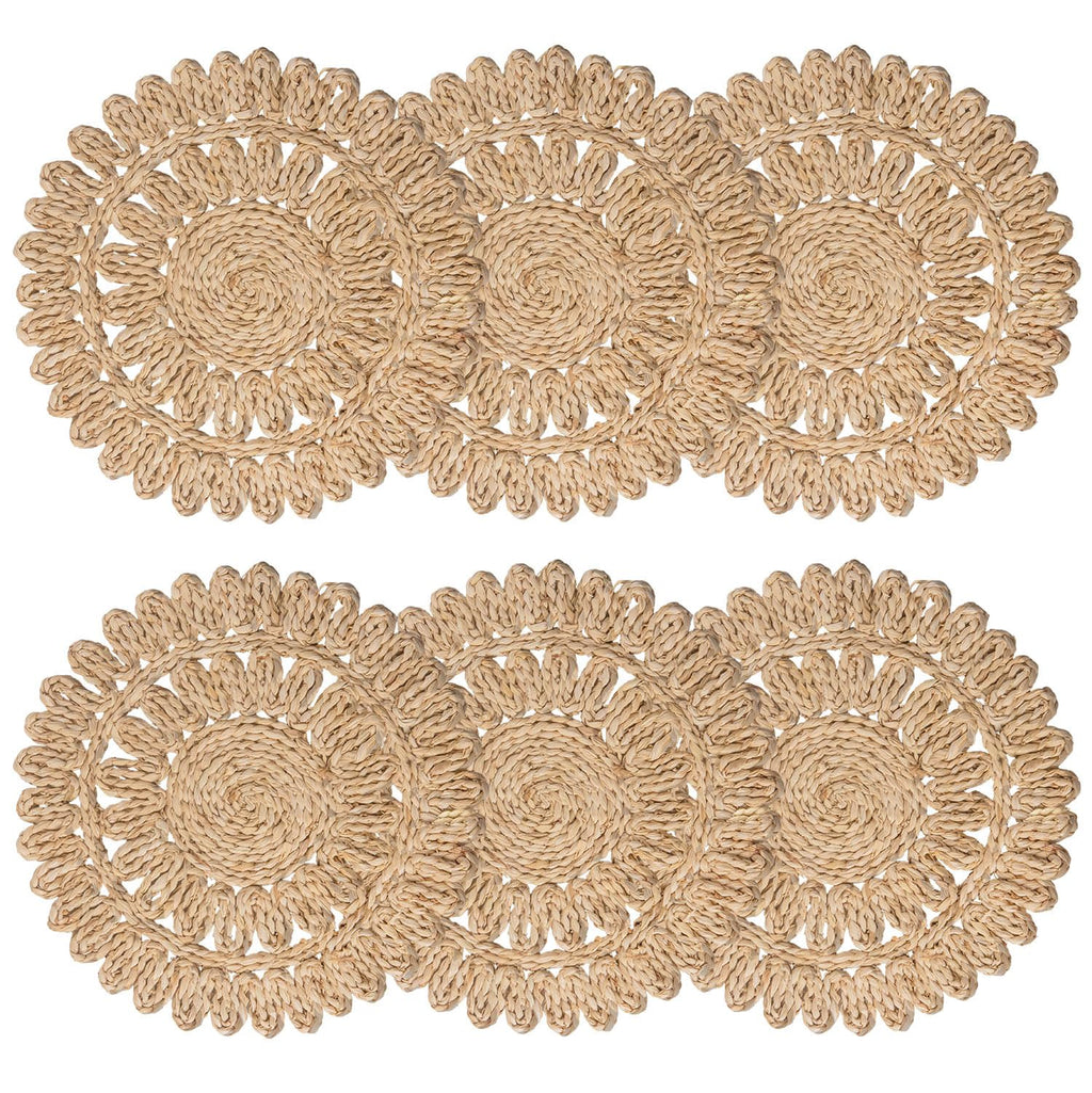 DELAQIKO 13.8" Round Corn Husk Placemats | Boho Woven Rattan Table Mats | Natural Spring Farmhouse Plate Chargers | Handmade Rustic Wicker Place Mats for Christmas Wedding (Set of 6)