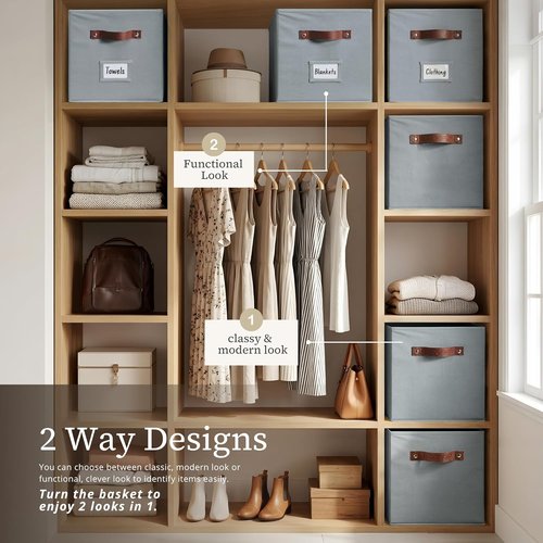 DECOMOMO Storage Cubes - 13x13x13 Fabric Organizer Bins with Labels | Set of 6 in Grey