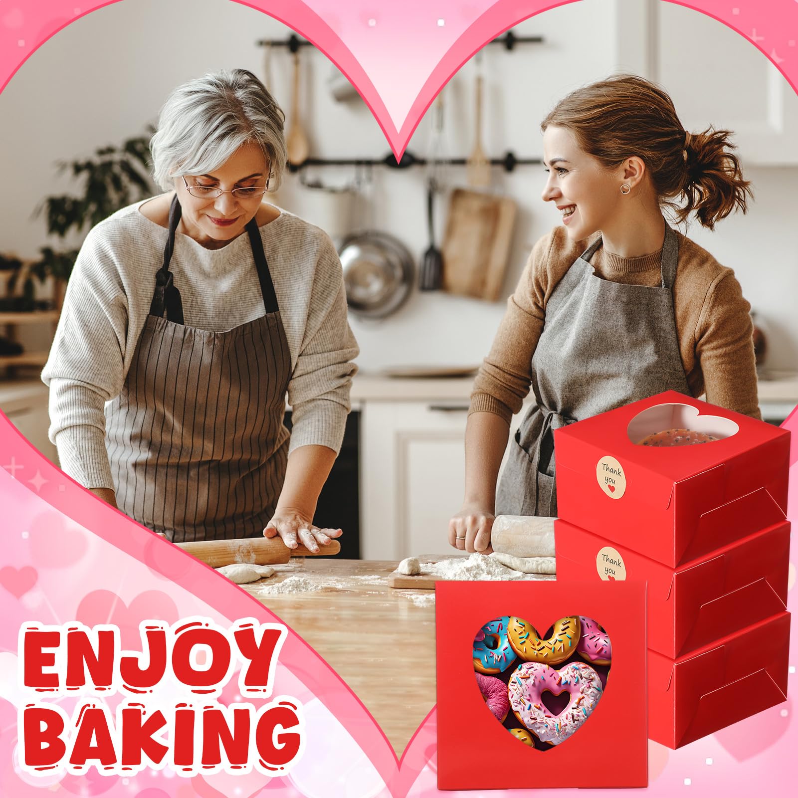 Janlaugh 25 Pcs Red Bakery Boxes for Women Mother with Window Heart Cupcake Treat Cookie Dessert Box Bulk Mom Gift for Chocolate Strawberries Donuts Candy Party Favor (6x6x2.5 Inch)